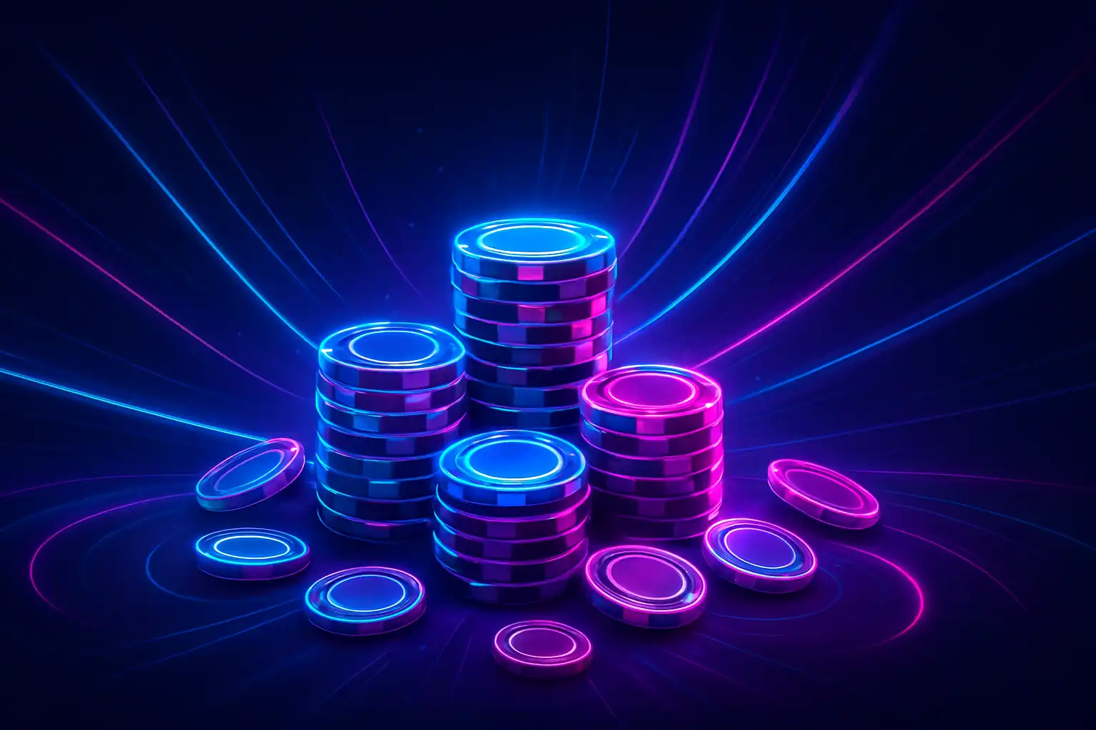 Neon casino chips and glowing bonus coins representing BetMica welcome offers