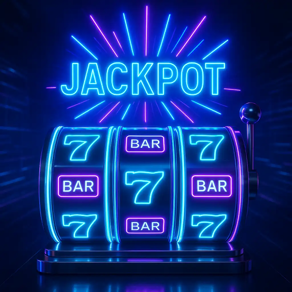 Glowing neon slot reels and jackpot burst on a futuristic BetMica casino backdrop