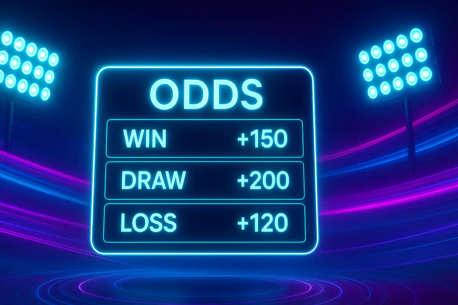 Neon stadium and glowing sports betting odds board on a digital screen