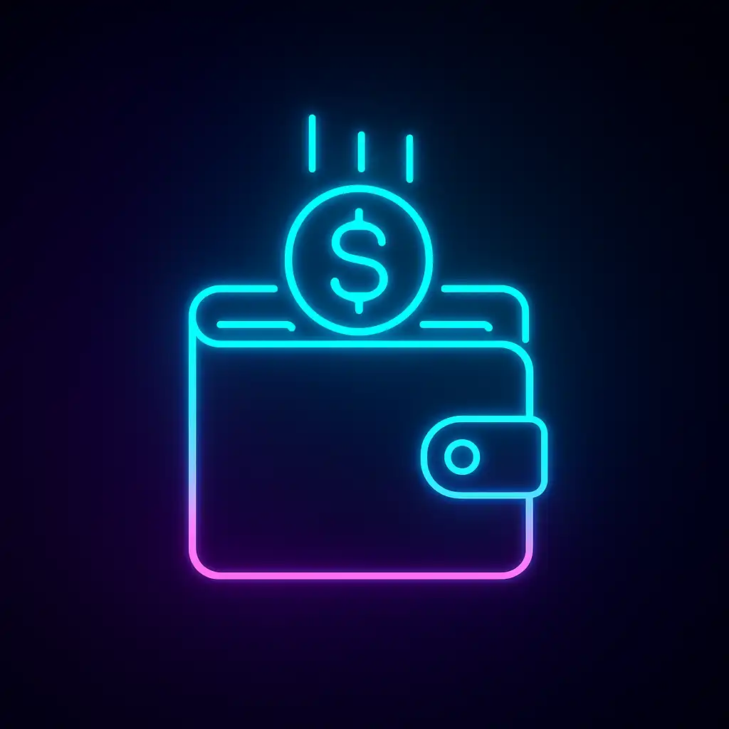 Neon icon of a glowing coin dropping into a digital casino wallet